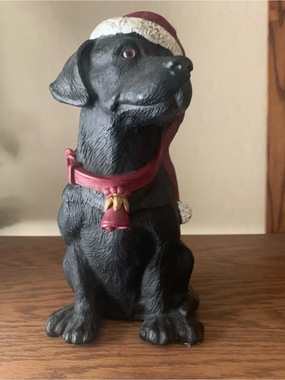 Black Labrador Figurine with Red Holiday Hat - Decorative Pet Decor